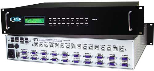 The UNIMUX-nXm-U Multi-Platform Matrix KVM switch enables up to 8 users to individually command or simultaneously share up to 32 computers.